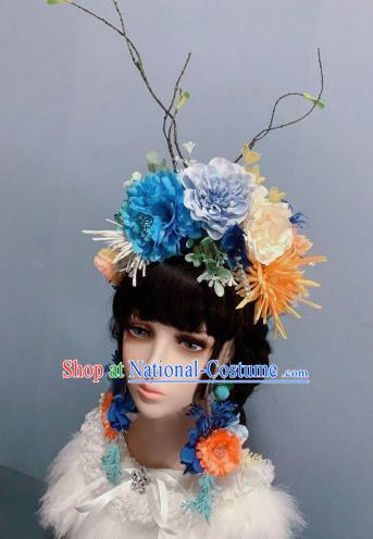 Top Wedding Princess Hair Accessories Chaplet Stage Show Headwear Handmade Blue Peony Royal Crown