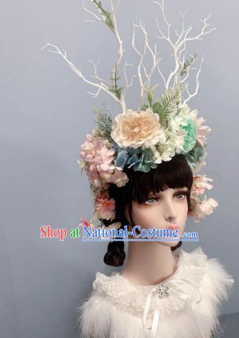 Top Handmade Royal Crown Stage Show Headwear Wedding Princess Hair Accessories White Peony Flowers Chaplet