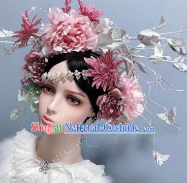 Top Stage Show Headwear Wedding Princess Hair Accessories Pink Peony Flowers Chaplet Handmade Royal Crown