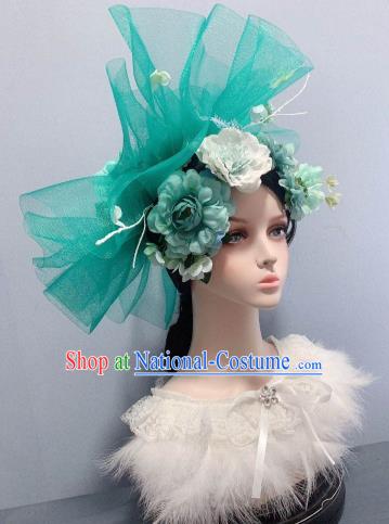 Top Stage Show Princess Headwear Wedding Hair Accessories Handmade Peony Royal Crown Green Veil Top Hat