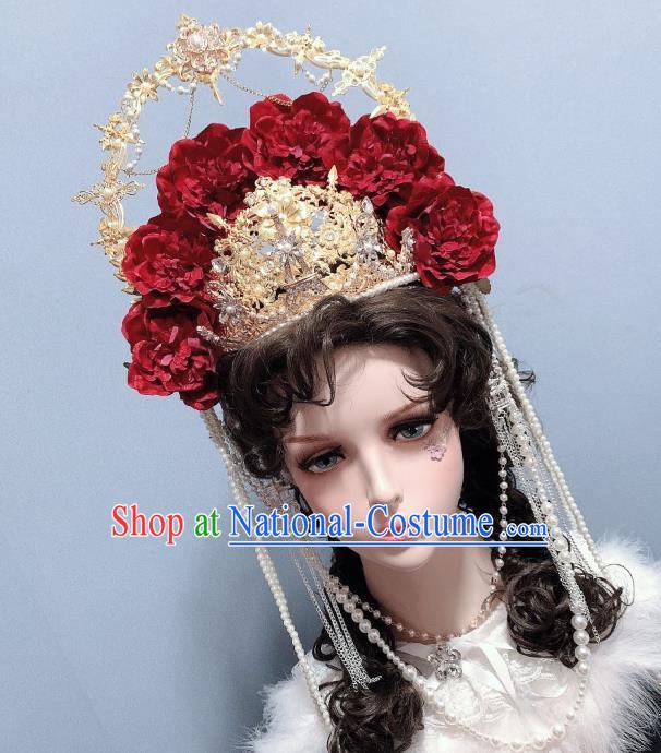 Handmade Goddess Headwear Europe Princess Red Roses Royal Crown Wedding Hair Accessories