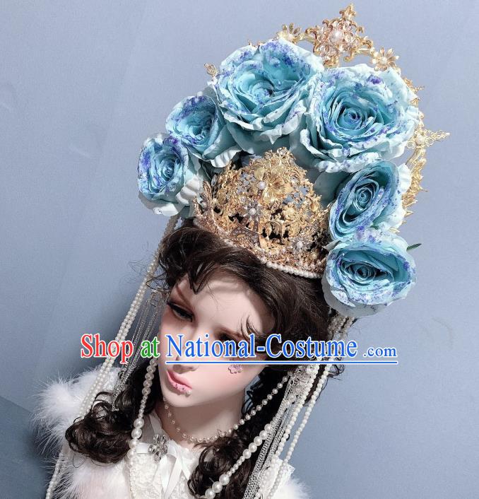 Handmade Wedding Hair Accessories Cosplay Goddess Headwear Europe Princess Blue Roses Royal Crown