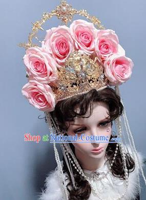 Handmade Baroque Wedding Hair Accessories Cosplay Goddess Headwear Europe Queen Pink Roses Royal Crown