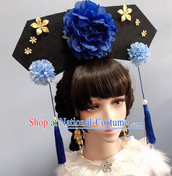 China Traditional Drama Hair Accessories Qing Dynasty Princess Headwear Ancient Palace Lady Blue Peony Hat