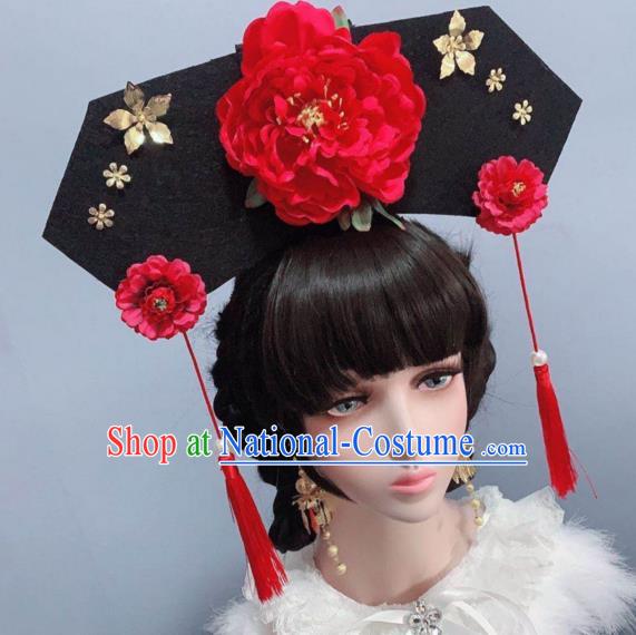 China Qing Dynasty Princess Headwear Ancient Palace Lady Red Peony Hat Traditional Drama Hair Accessories