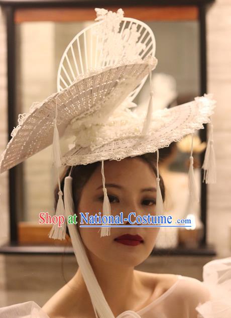 Handmade Chinese Ancient Bride Phoenix Coronet Stage Performance White Lace Fan Top Hat Traditional Wedding Hair Accessories