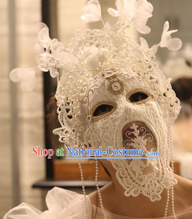 Top Stage Performance Silk Flowers Face Accessories Fancy Ball Decorations Halloween Cosplay Princess White Lace Feather Mask