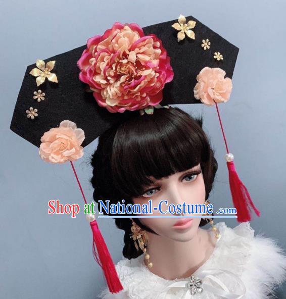 China Traditional Hair Accessories Ancient Princess Peony Hat Qing Dynasty Palace Lady Headwear