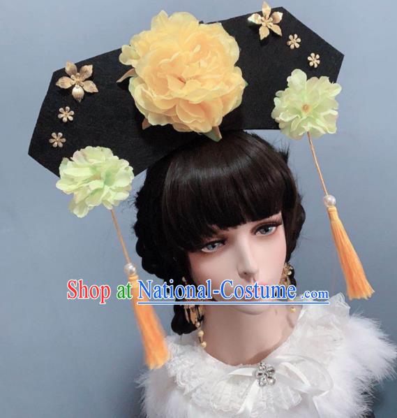 China Qing Dynasty Palace Lady Headwear Traditional Drama Hair Accessories Ancient Princess Yellow Peony Hat