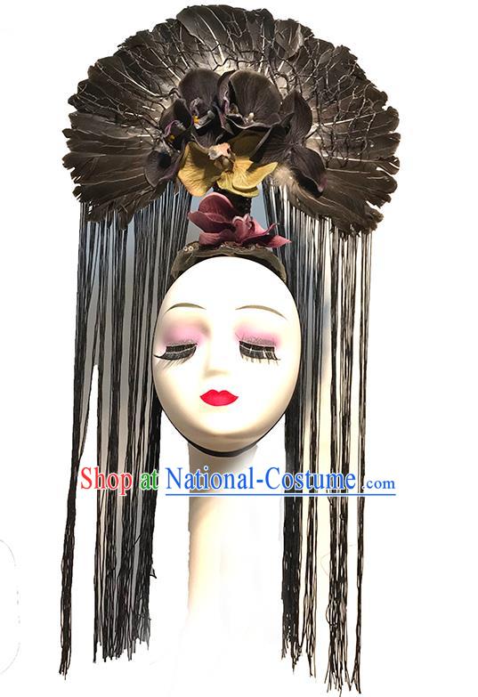 Handmade Queen Black Feather Tassel Royal Crown Stage Show Headdress Halloween Cosplay Hair Accessories