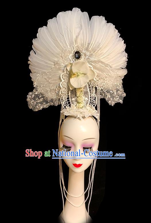 Handmade Stage Show Lace Headdress Halloween Cosplay Hair Accessories Queen White Feather Tassel Royal Crown