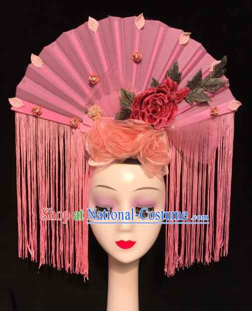 Handmade Chinese Ancient Bride Pink Fan Tassel Phoenix Coronet Traditional Wedding Hair Accessories Stage Performance Silk Flowers Hat