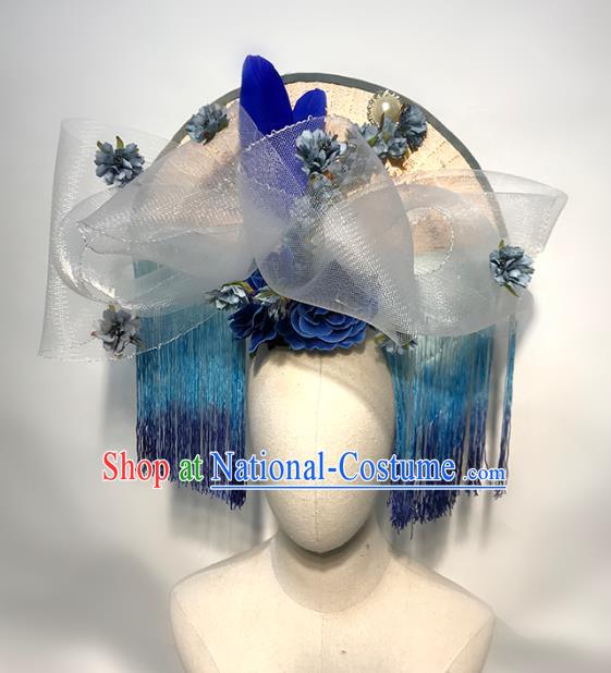 Handmade Stage Show Blue Tassel Hat Headdress Halloween Cosplay Hair Accessories Queen Royal Crown