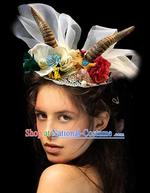 Handmade Stage Show Flowers Top Hat Headdress Halloween Cosplay Hair Accessories Princess Horn Royal Crown