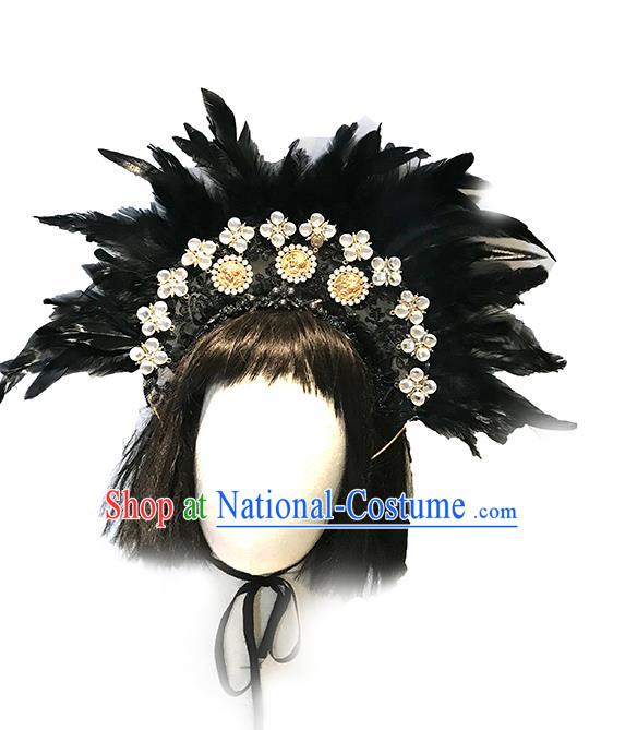 Handmade Stage Show Headdress Halloween Cosplay Hair Accessories Gothic Queen Black Feather Royal Crown