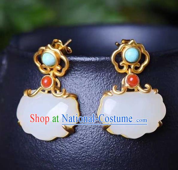 Handmade Chinese Ancient Empress Earrings Jewelry Traditional Qing Dynasty Court Jade Ear Accessories