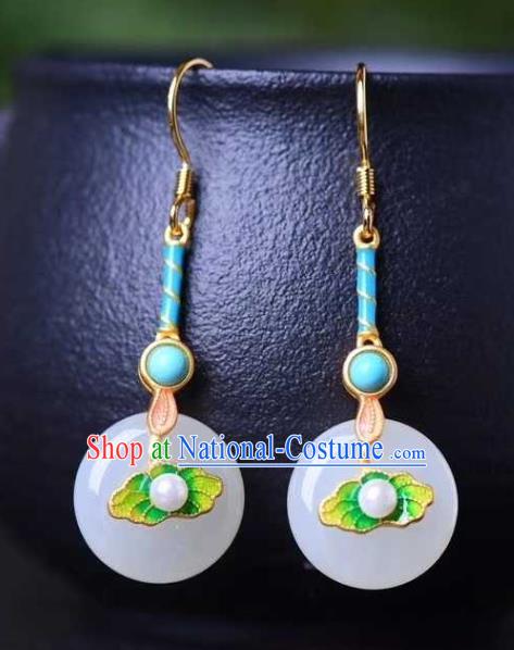 Handmade Chinese Ancient Empress White Jade Earrings Jewelry Traditional Qing Dynasty Court Enamel Lotus Leaf Ear Accessories