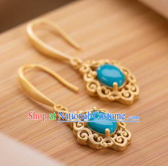 Handmade Chinese Traditional Kallaite Ear Accessories Cheongsam Golden Earrings Jewelry