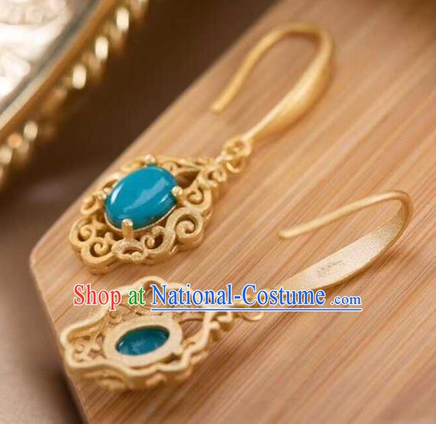 Handmade Chinese Traditional Kallaite Ear Accessories Cheongsam Golden Earrings Jewelry