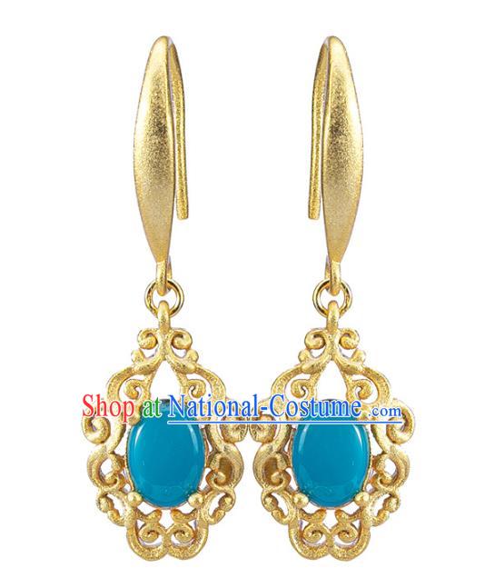 Handmade Chinese Traditional Kallaite Ear Accessories Cheongsam Golden Earrings Jewelry