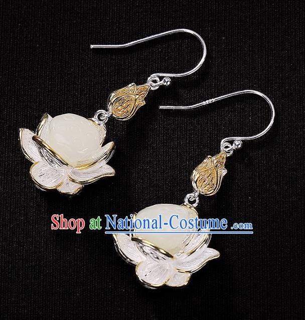 Handmade Chinese Traditional White Jade Lotus Seedpod Ear Accessories Cheongsam Earrings Jewelry