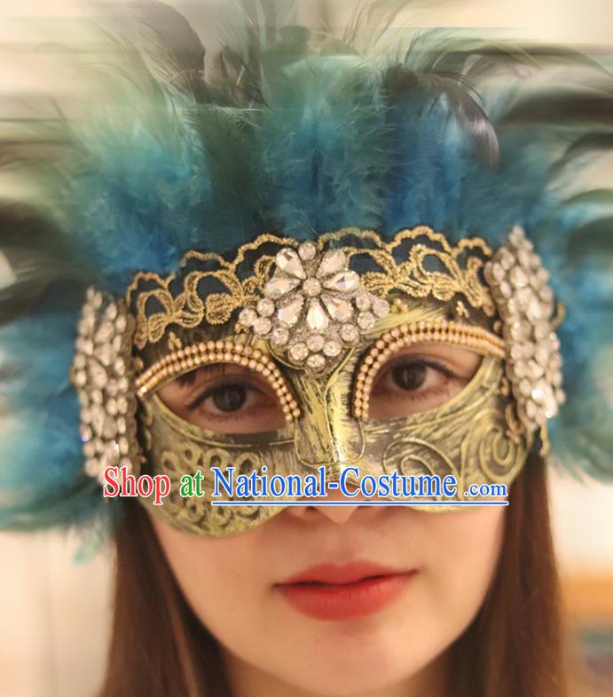 Top Stage Performance Blue Feather Face Accessories Fancy Ball Decorations Crystal Blinder Halloween Cosplay Flowers Mask