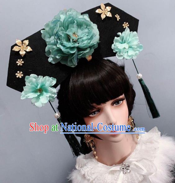 China Traditional Qing Dynasty Giant Headwear Ancient Princess Hair Accessories Green Peony Hat