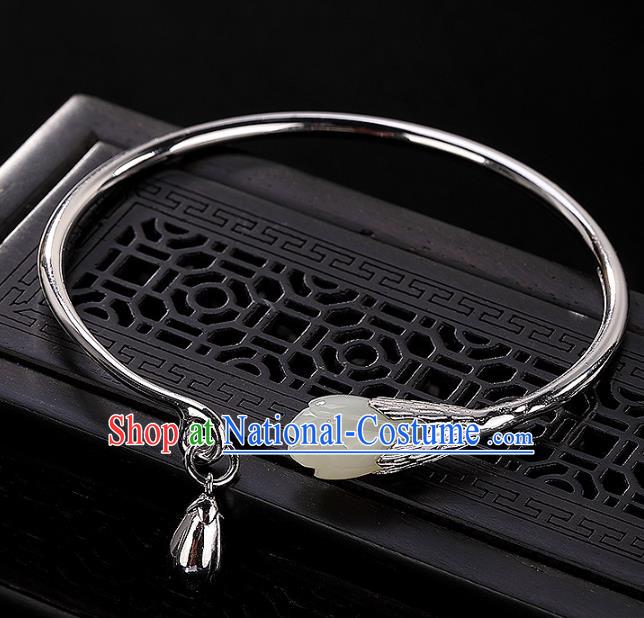 China Traditional National Accessories Silver Bracelet White Jade Mangnolia Bangle