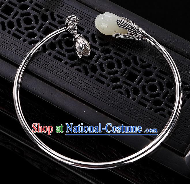 China Traditional National Accessories Silver Bracelet White Jade Mangnolia Bangle