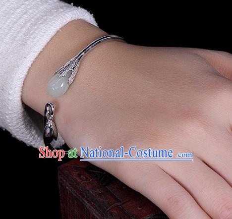 China Traditional National Accessories Silver Bracelet White Jade Mangnolia Bangle