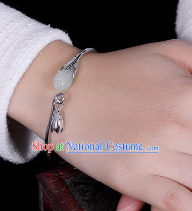 China Traditional National Accessories Silver Bracelet White Jade Mangnolia Bangle