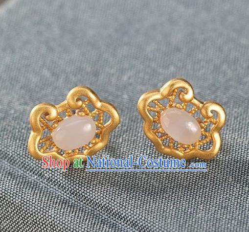 Handmade Chinese Traditional Golden Cloud Ear Accessories Classical Cheongsam Chalcedony Earrings Jewelry