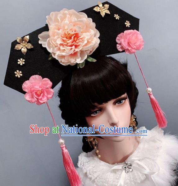 China Traditional Champagne Peony Hat Qing Dynasty Giant Headwear Ancient Princess Hair Accessories