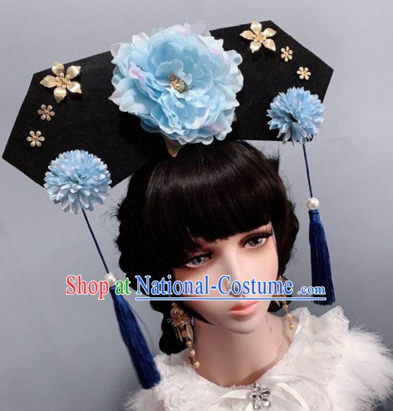 China Ancient Princess Hair Accessories Traditional Blue Peony Hat Qing Dynasty Giant Headwear