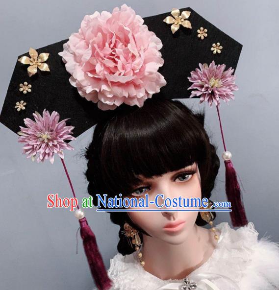 China Traditional Qing Dynasty Pink Peony Hat Giant Headwear Ancient Princess Hair Accessories