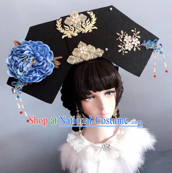 China Traditional Giant Headwear Ancient Imperial Consort Hair Accessories Qing Dynasty Manchu Peony Hat