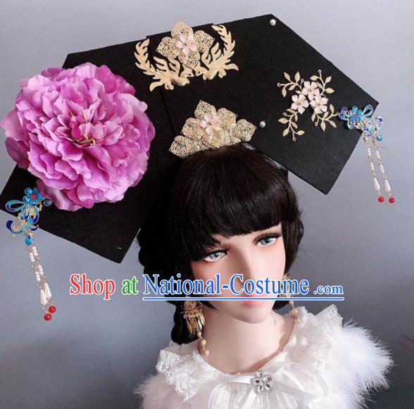 China Ancient Imperial Consort Hair Accessories Qing Dynasty Manchu Purple Peony Hat Traditional Giant Headwear