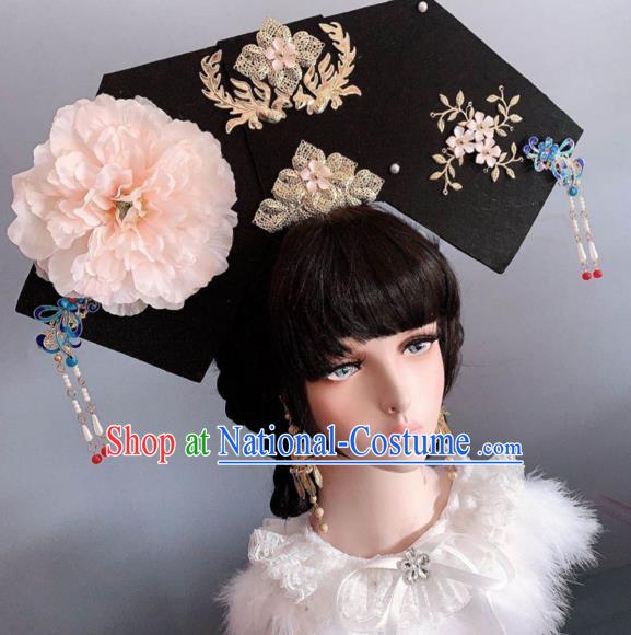 China Traditional Giant Headwear Ancient Imperial Consort Hair Accessories Qing Dynasty Manchu Champagne Peony Hat