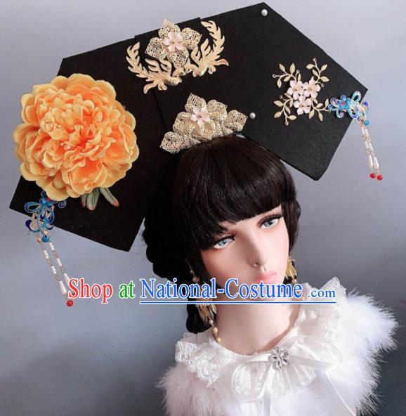 China Qing Dynasty Imperial Consort Orange Peony Hat Traditional Ancient Court Giant Headwear