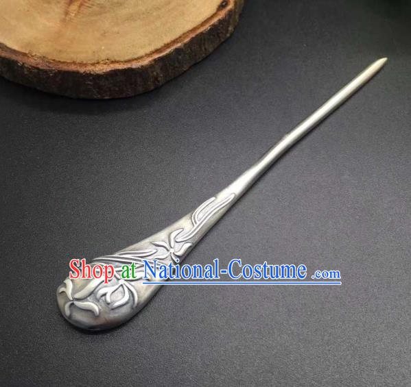 China Ancient Princess Hairpin Traditional National Carving Orchids Silver Hair Stick Handmade Hair Accessories