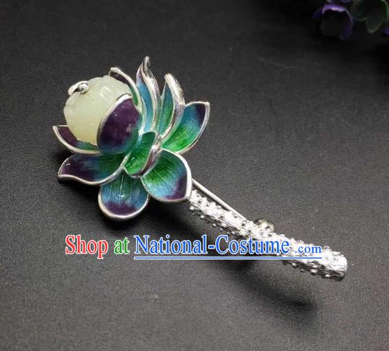 China Ancient Court Queen White Jade Breastpin Traditional Cloisonne Lotus Brooch Jewelry Accessories