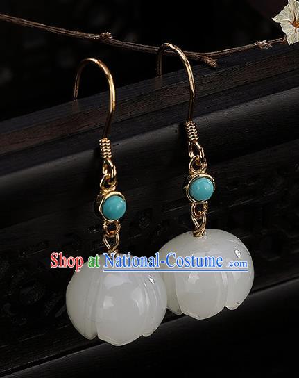 Handmade Chinese Traditional Qing Dynasty Court Ear Accessories Classical White Jade Lotus Earrings Jewelry