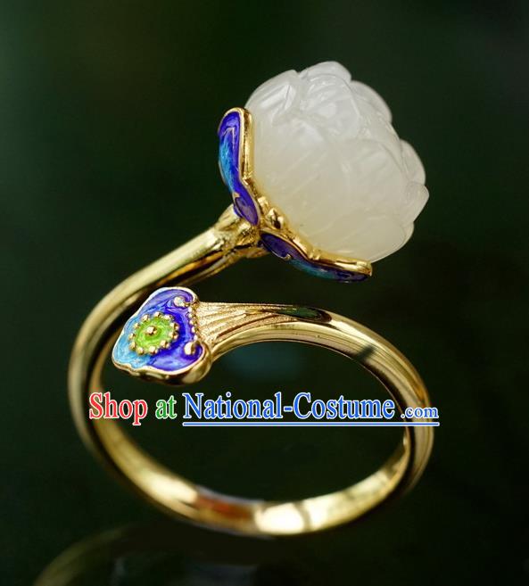 China Ancient Court Queen White Jade Lotus Seedpod Ring Traditional Cloisonne Jewelry Accessories