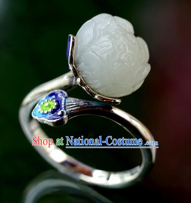 China Traditional Cloisonne Silver Jewelry Accessories Ancient Court Queen White Jade Lotus Seedpod Ring