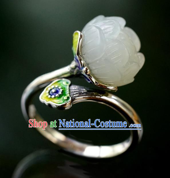 China Traditional Enamel Jewelry Accessories Ancient Court Queen White Jade Lotus Seedpod Silver Ring