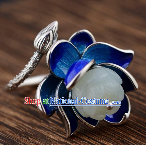 China Ancient Court Queen Cloisonne Lotus Ring Traditional Hanfu White Jade Jewelry Accessories