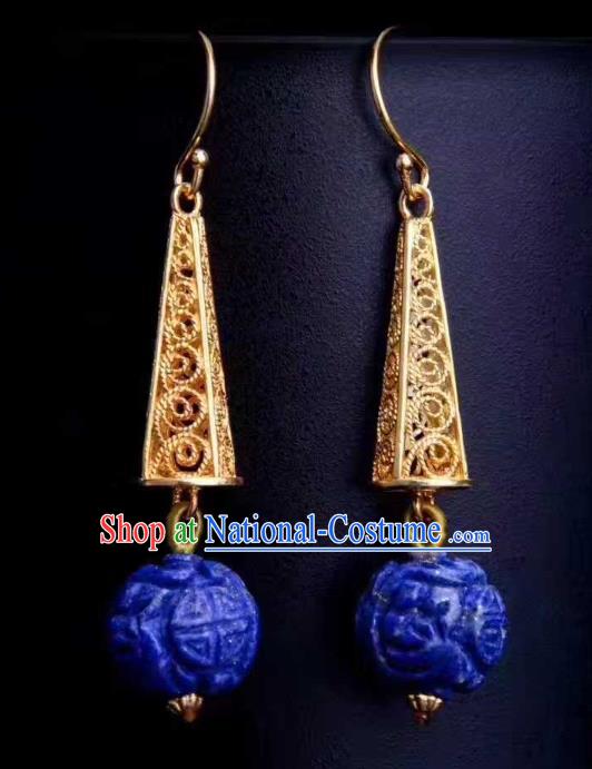 Handmade Chinese Traditional Lapis Ear Accessories Classical Qing Dynasty Court Earrings Jewelry