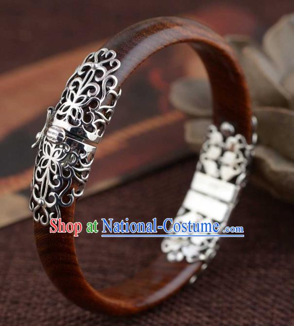 China Traditional Handmade Rosewood Bracelet National Silver Bangle Accessories