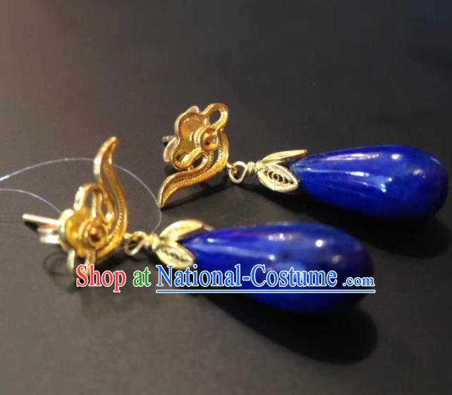 Handmade Chinese Classical Qing Dynasty Court Lapis Earrings Jewelry Traditional Ear Accessories