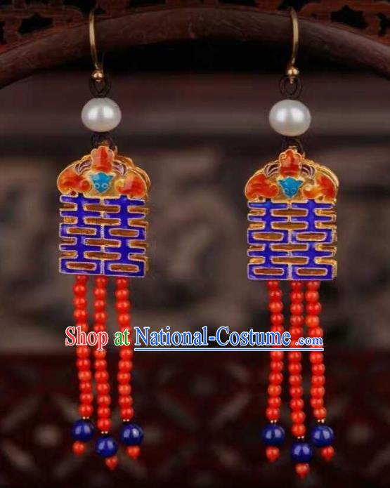 Handmade Chinese Qing Dynasty Red Beads Tassel Earrings Jewelry Traditional Classical Wedding Bride Ear Accessories